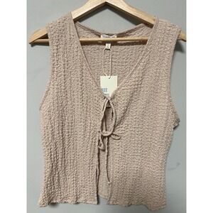 See You Monday Tie Front Vest Womens XL Beige NWT Popcorn Crinkle Texture Boho